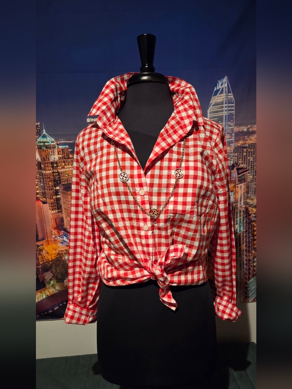 GAP Red and White Gingham Button-Front Tie Shirt